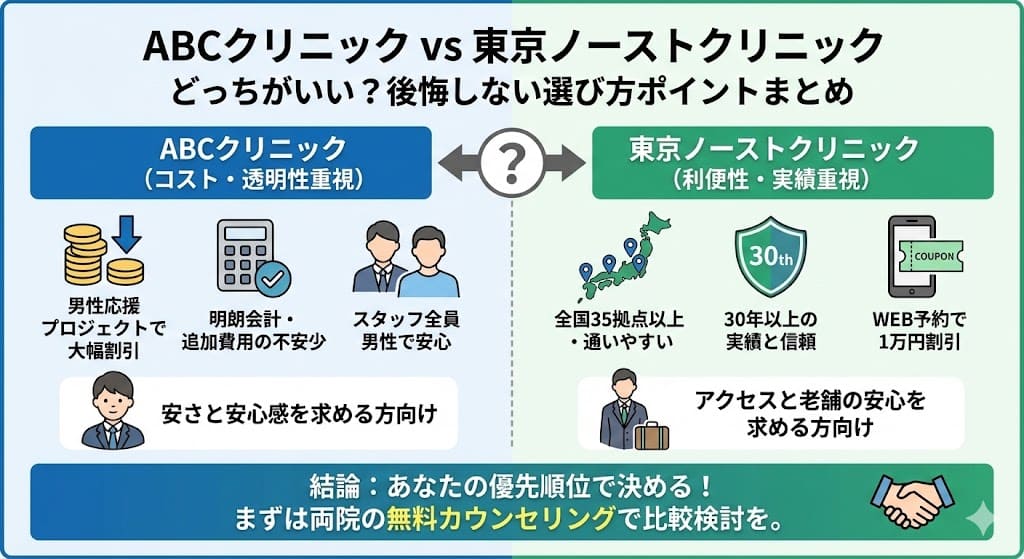ABCクリニックと東京ノーストクリニックはどっちがいい？後悔しない包茎手術の選び方を解説