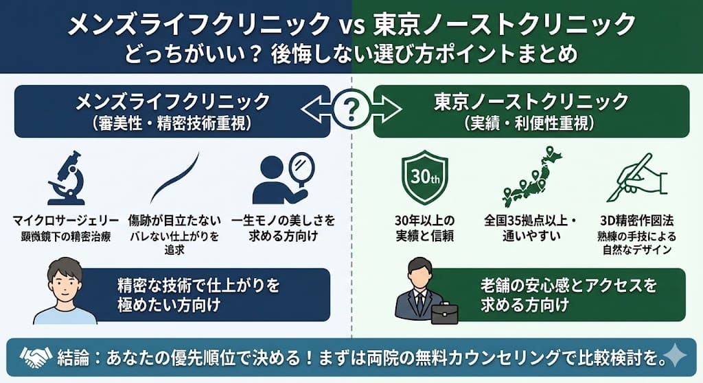 メンズライフクリニックと東京ノーストクリニックはどっちがいい？後悔しない包茎手術の選び方を解説