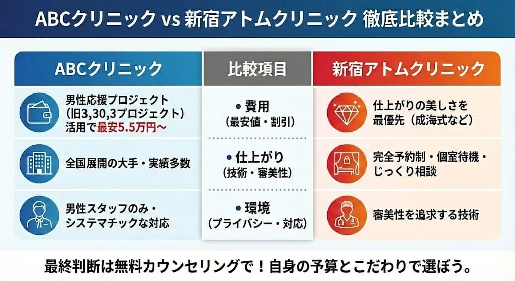 ABCクリニックと新宿アトムクリニックはどっちがいい？違いは？後悔しない包茎手術の選び方と比較を解説