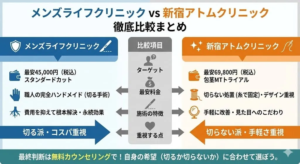 メンズライフクリニックと新宿アトムクリニックはどっちがいい？違いは？後悔しない包茎手術の選び方と比較を解説