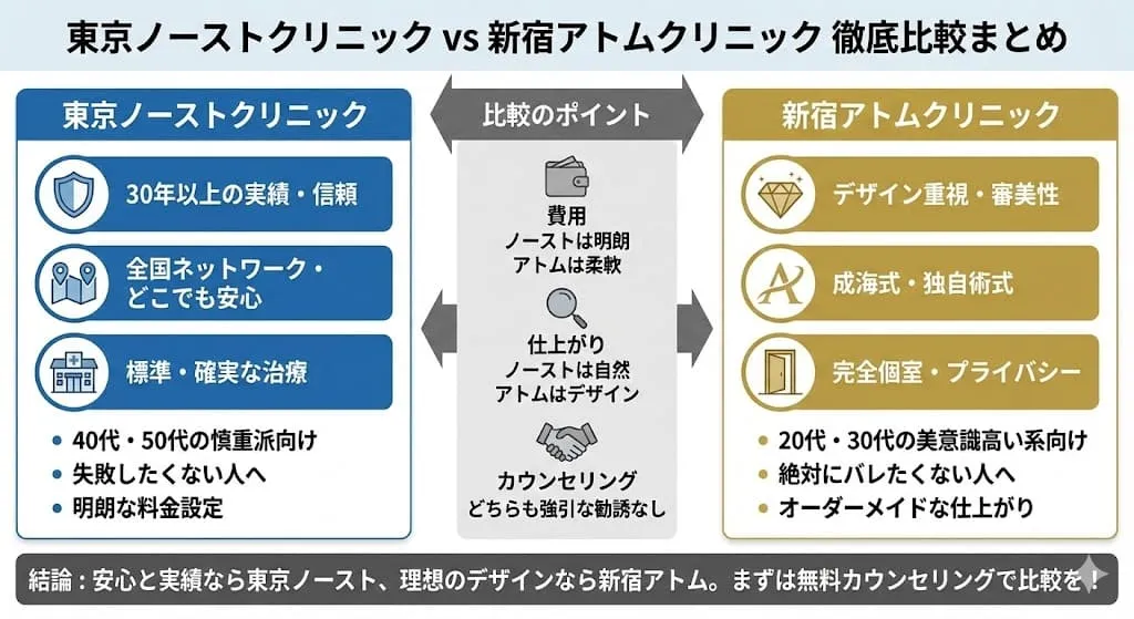東京ノーストクリニックと新宿アトムクリニックはどっちがいい？違いは？後悔しない包茎手術の選び方と比較を解説