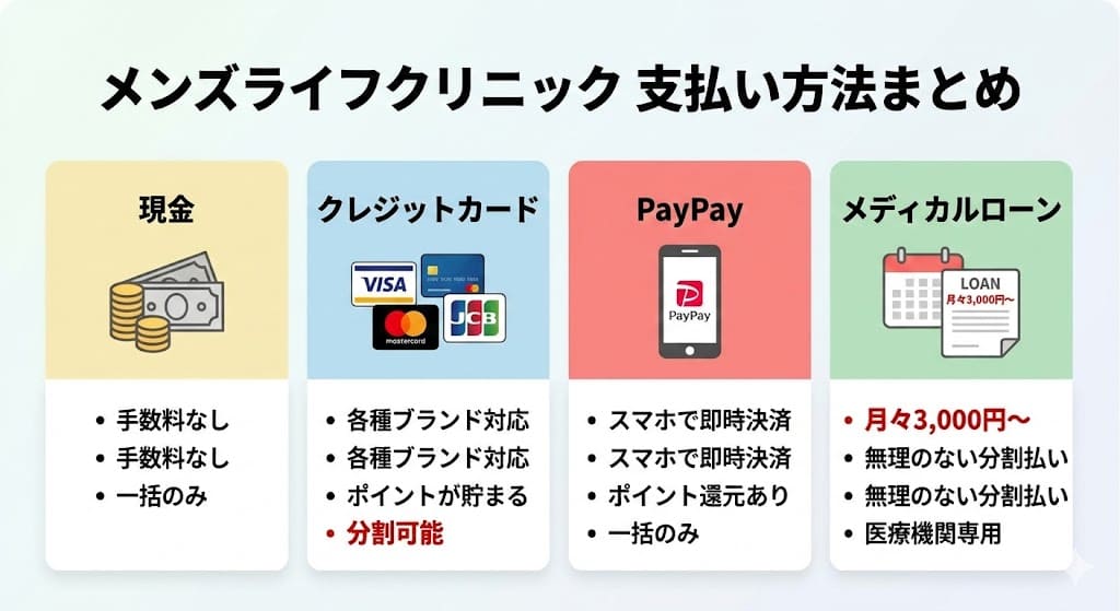 メンズライフクリニックの支払い方法は？現金・クレジットカード・メディカルローン・PayPayが可能