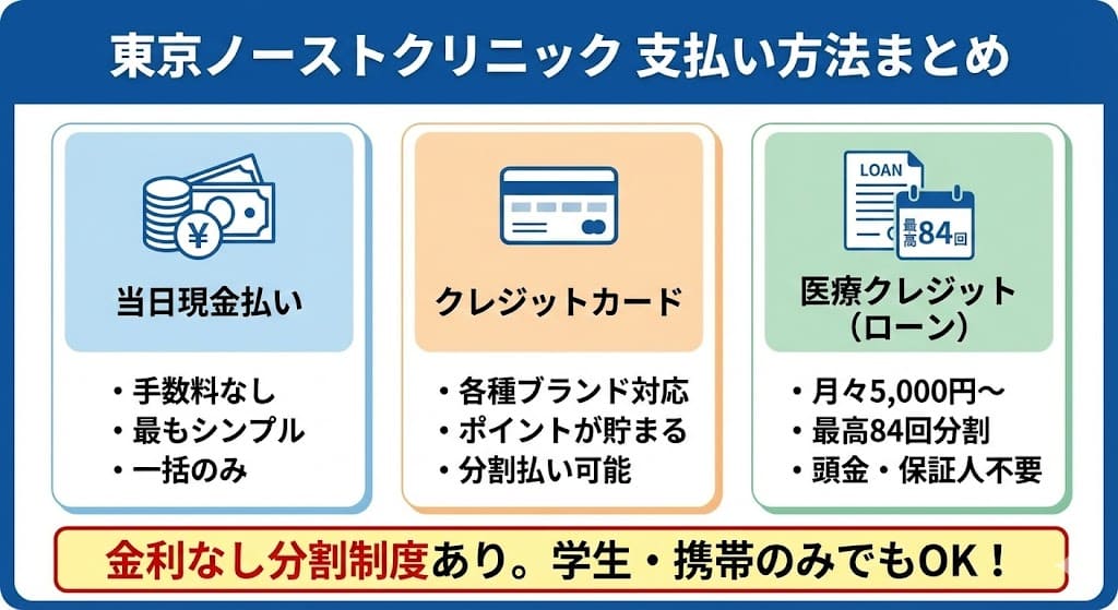 東京ノーストクリニックの支払い方法は?現金・クレジットカード・医療ローンが可能